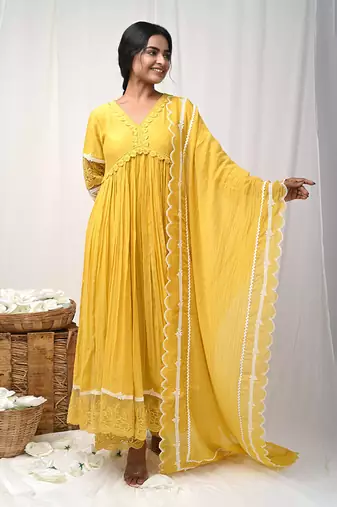 Yellow anarkali lace set