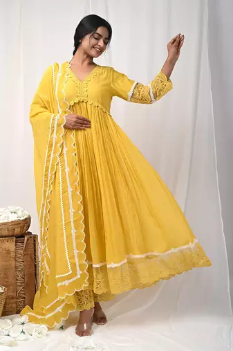 Yellow anarkali lace set