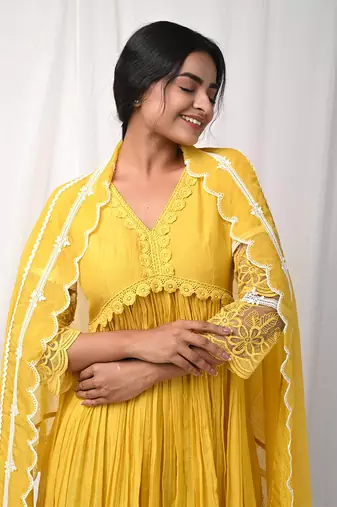 Yellow anarkali lace set