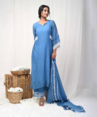 Cobalt blue embroidered a-line kurta set 1