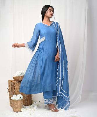 Cobalt blue embroidered a-line kurta set 2