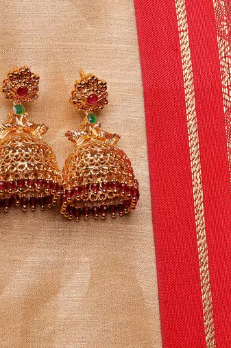 Gold-Plated Earrings with Pink and Green Stones