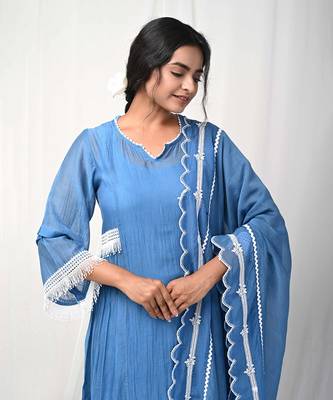 Cobalt blue embroidered a-line kurta set 3