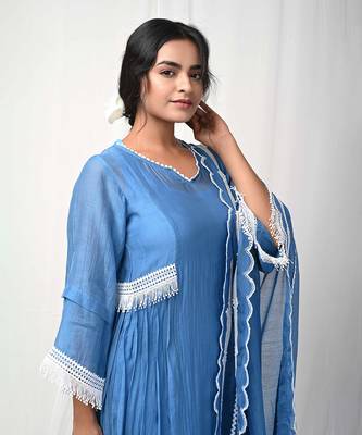 Cobalt blue embroidered a-line kurta set 4