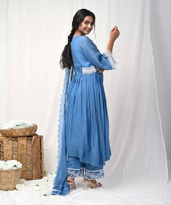 Cobalt blue embroidered a-line kurta set 5