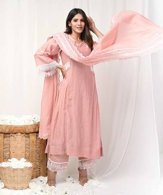 Dusty peach embroidered a-line kurta set 1
