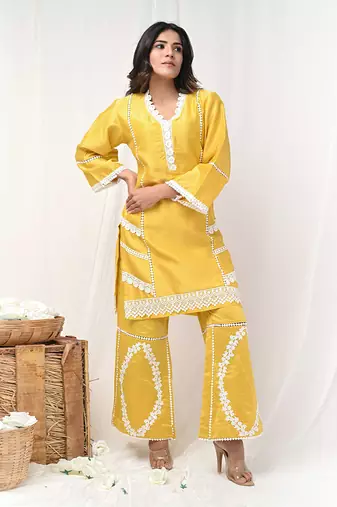Yellow chanderi kurta set