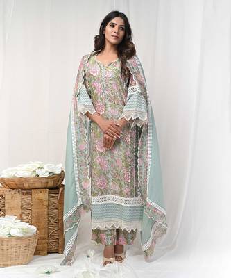 Dusty green printed suit set 1
