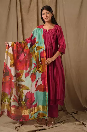 Deep magenta pintucks suit set