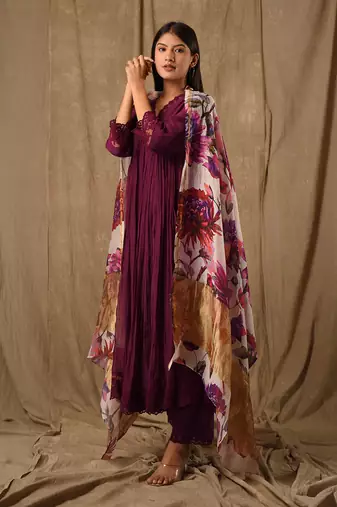 Purple digitally printed anarkali