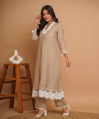 Beige lace kurta pant set 2