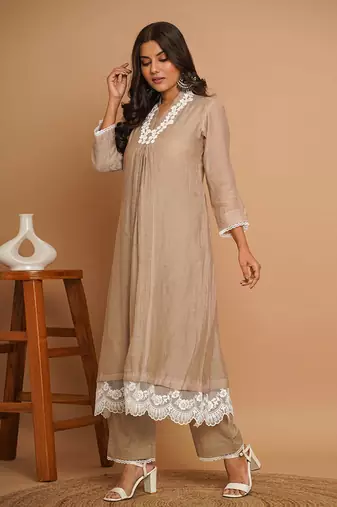 Beige lace kurta pant set
