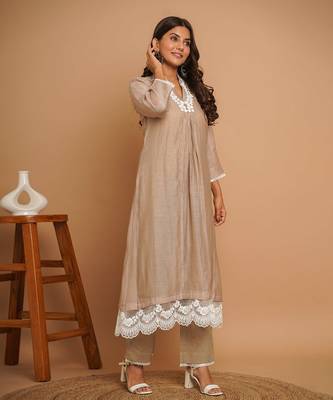 Beige lace kurta pant set 3