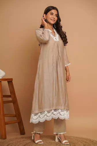 Beige lace kurta pant set