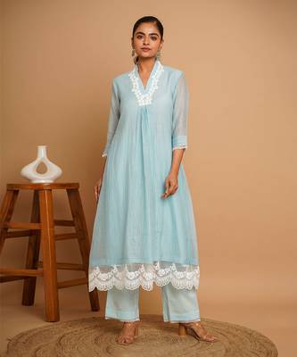 Powder blue lace kurta pant set 1