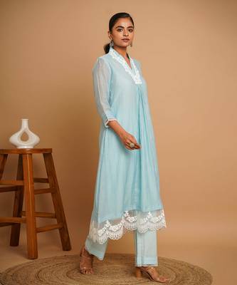Powder blue lace kurta pant set 2