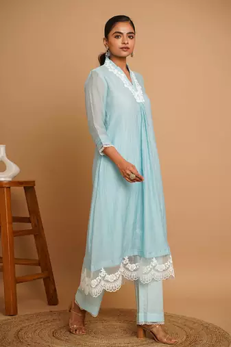 Powder blue lace kurta pant set