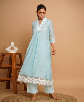 Powder blue lace kurta pant set 3