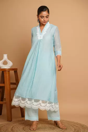 Powder blue lace kurta pant set
