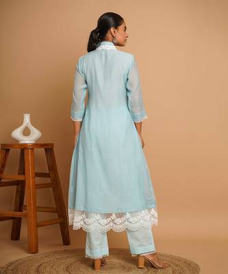 Powder blue lace kurta pant set 5