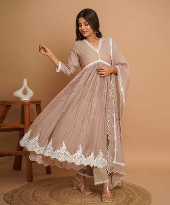 Beige button anarkali set 1