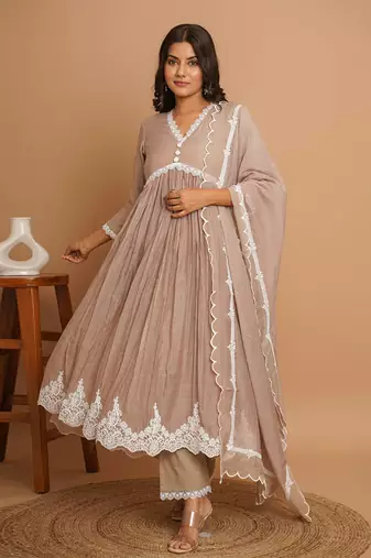 Beige button anarkali set