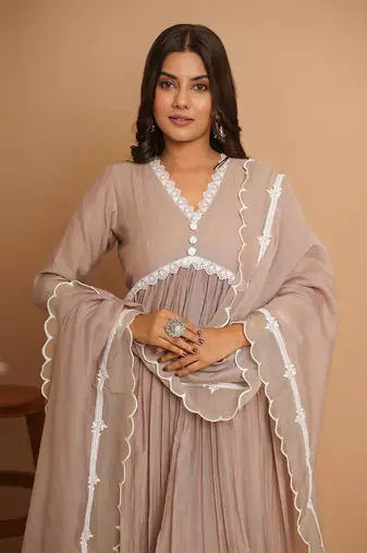 Beige button anarkali set