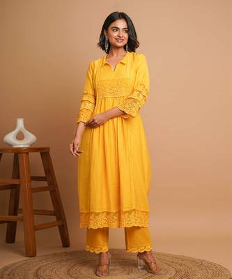 Yellow lace kurta pant set 2
