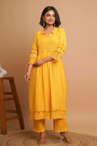 Yellow lace kurta pant set