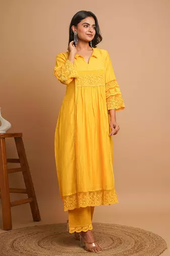 Yellow lace kurta pant set