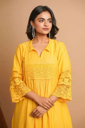 Yellow lace kurta pant set