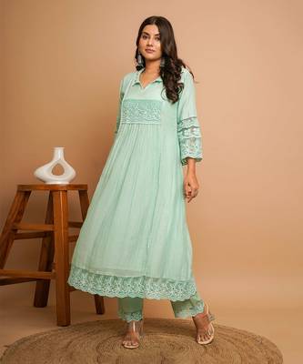 Dusty green lace  kurta pant set 1