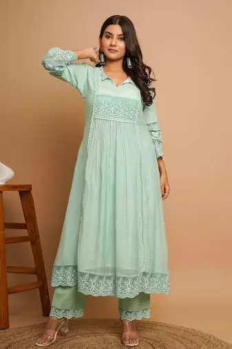 Dusty green lace  kurta pant set