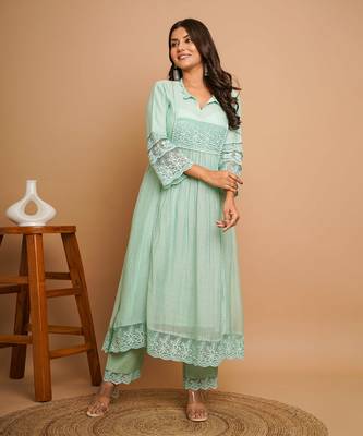 Dusty green lace  kurta pant set 3