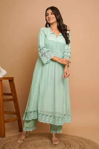 Dusty green lace  kurta pant set