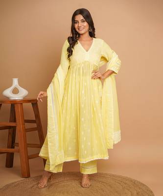 Light yellowemroidered kurta pant set 1