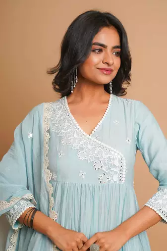 Powder blue mirror work anarkali