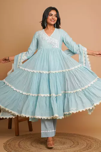 Powder blue mirror work anarkali