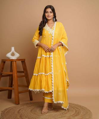 Yellow mirror work anarkali 1