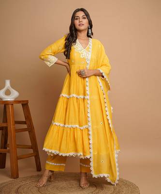 Yellow mirror work anarkali 2