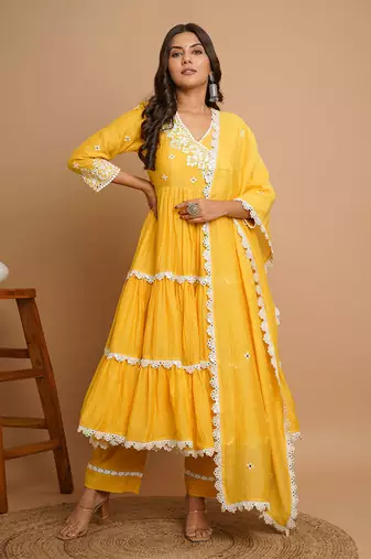 Yellow mirror work anarkali