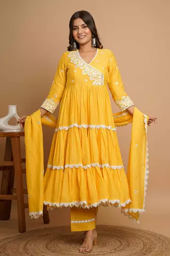Yellow mirror work anarkali
