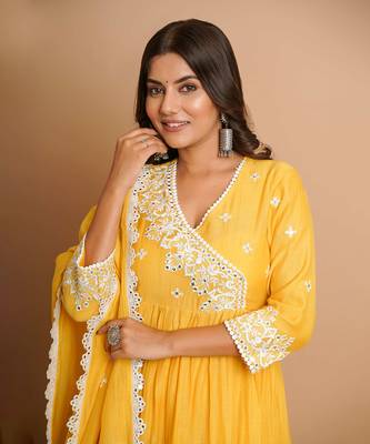 Yellow mirror work anarkali 4