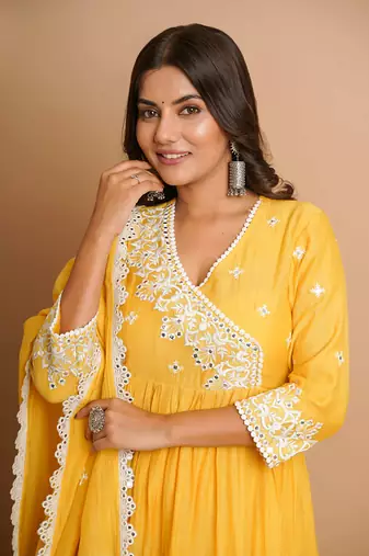 Yellow mirror work anarkali