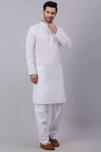 Men White Chikankari Cotton Kurta