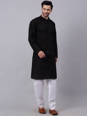 Men Black  Chikankari Cotton Kurta 1