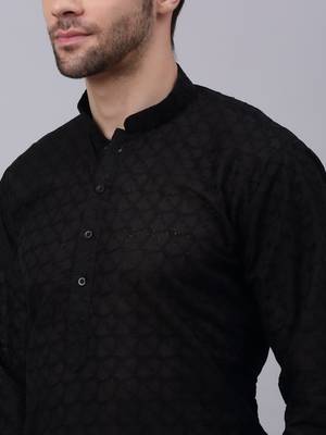 Men Black  Chikankari Cotton Kurta 4