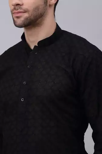 Men Black  Chikankari Cotton Kurta