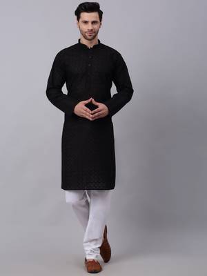 Men Black  Chikankari Cotton Kurta 5
