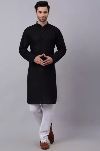 Men Black  Chikankari Cotton Kurta